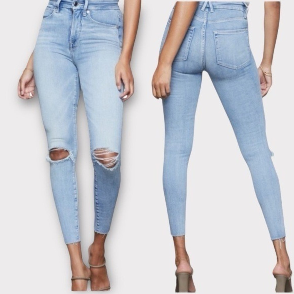 Good American Good Waist Crop Fray Hem Light Wash Skinny Jeans Blue‎ Size 25 NWT